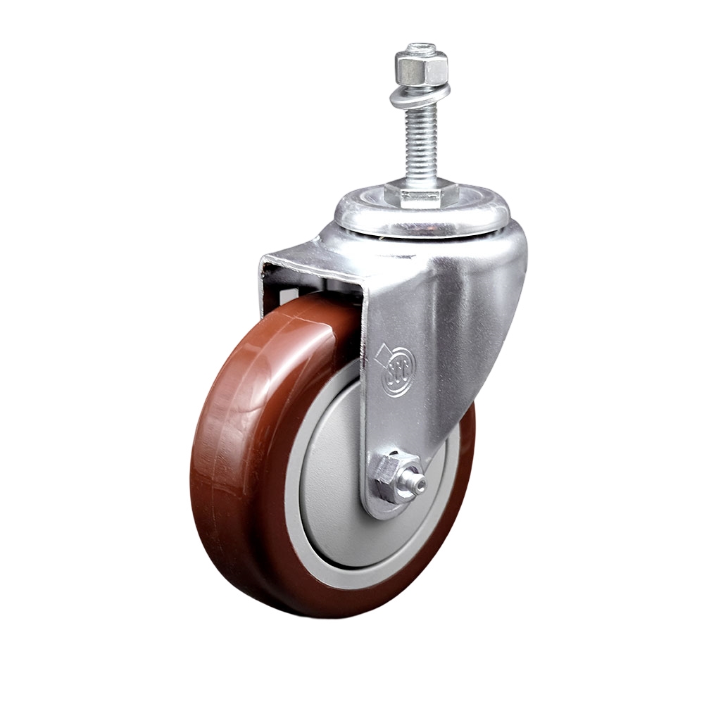 Stainless Steel Polyurethane Swivel Threaded Stem Caster w/4" x 1.25"  Maroon Wheel and 10mm Stem - 350 lbs Capacity/Caster - Service Caster Brand — photo 1