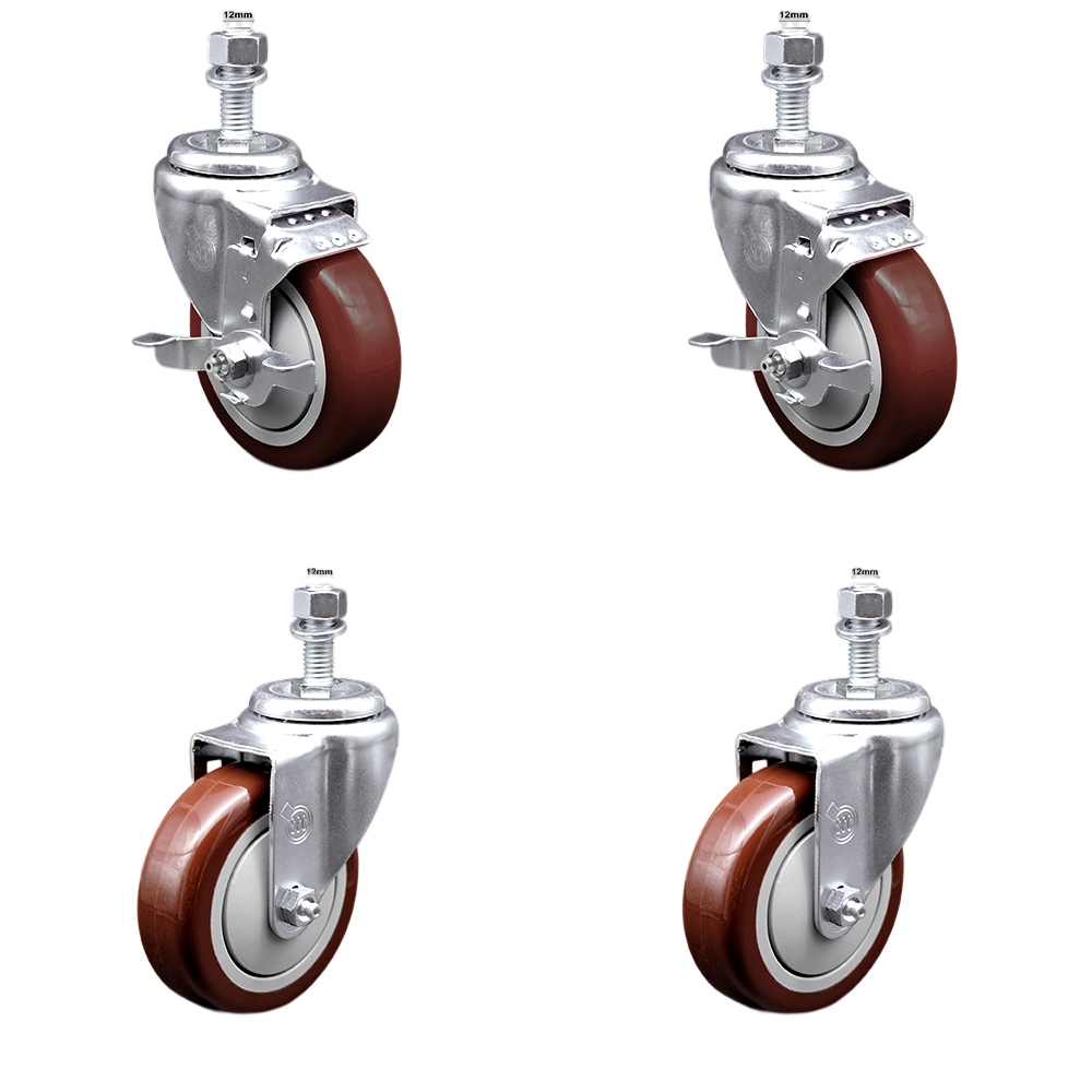 Stainless Steel Polyurethane Swivel Threaded Stem Caster Set of 4 w/4" x 1.25" Maroon Wheels and 12mm Stems - Includes 2 with Top Locking Brake - 1400 lbs Total Capacity - Service Caster Brand — photo 1