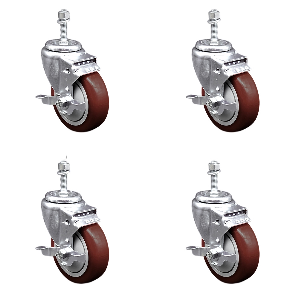 Stainless Steel Polyurethane Swivel Threaded Stem Caster Set of 4 w/4" x 1.25" Maroon Wheels and 3/8" Stems - Includes 4 with Top Lock Brakes - 1400 lbs Total Capacity - Service Caster Brand — photo 1