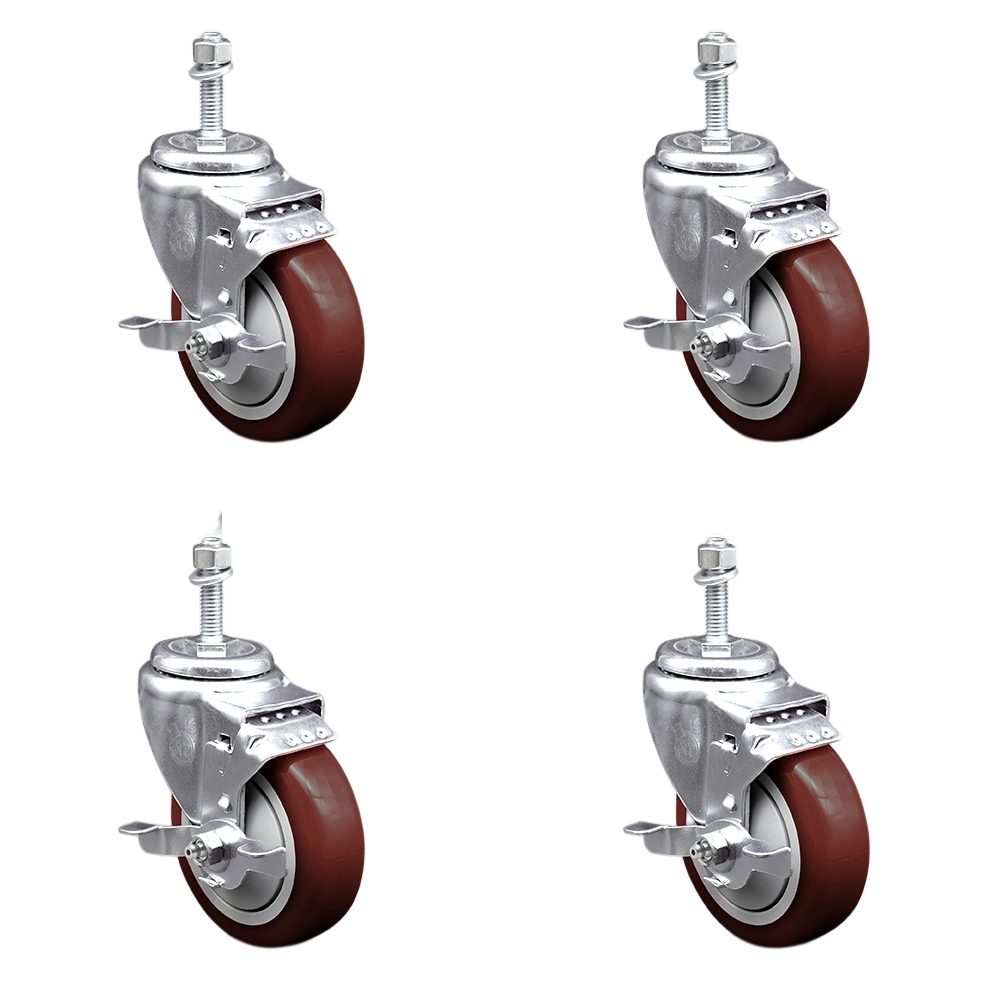 Stainless Steel Polyurethane Swivel Threaded Stem Caster Set of 4 w/4" x 1.25" Maroon Wheels and 10mm Stems - Includes 4 with Top Lock Brakes - 1400 lbs Total Capacity - Service Caster Brand — photo 1