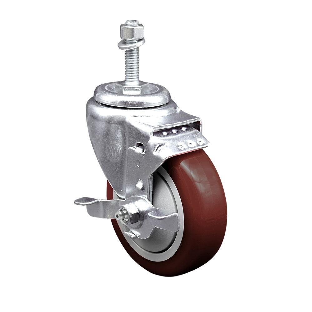 Stainless Steel Polyurethane Swivel Threaded Stem Caster w/4" x 1.25"  Maroon Wheel and 10mm Stem & Top Locking Brake - 350 lbs Capacity/Caster - Service Caster Brand — photo 1