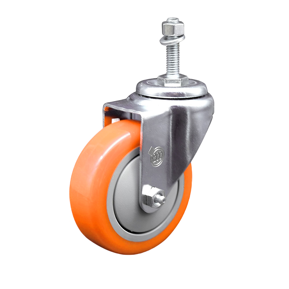 Stainless Steel Polyurethane Swivel Threaded Stem Caster w/4" x 1.25"  Orange Wheel and 3/8" Stem - 350 lbs Capacity/Caster - Service Caster Brand — photo 1