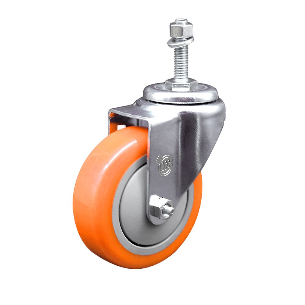 Stainless Steel Polyurethane Swivel Threaded Stem Caster w/4" x 1.25" Orange Wheel and 10mm Stem - 350 lbs Capacity/Caster - Service Caster Brand — photo 1