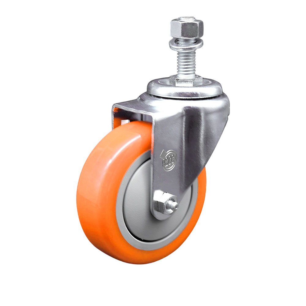 Stainless Steel Polyurethane Swivel Threaded Stem Caster w/4" x 1.25"  Orange Wheel and 12mm Stem - 350 lbs Capacity/Caster - Service Caster Brand — photo 1