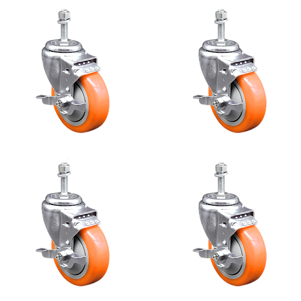 Stainless Steel Polyurethane Swivel Threaded Stem Caster Set of 4 w/4" x 1.25" Orange Wheels and 3/8" Stems - Includes 4 with Top Lock Brakes - 1400 lbs Total Capacity - Service Caster Brand — photo 1