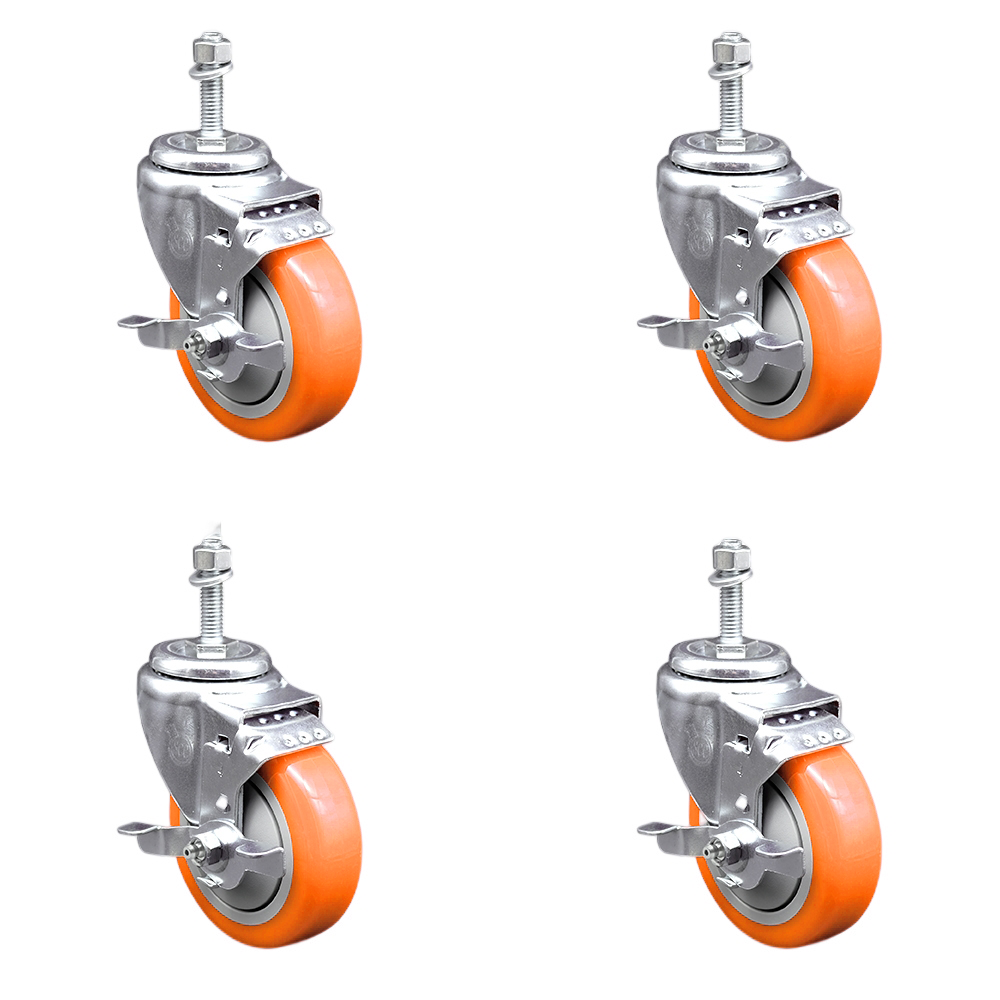 Stainless Steel Polyurethane Swivel Threaded Stem Caster Set of 4 w/4" x 1.25" Orange Wheels and 10mm Stems - Includes 4 with Top Lock Brakes - 1400 lbs Total Capacity - Service Caster Brand — photo 1