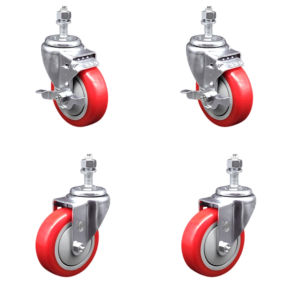Stainless Steel Polyurethane Swivel Threaded Stem Caster Set of 4 w/4" x 1.25" Red Wheels and 1/2" Stems - Includes 2 with Top Locking Brake - 1400 lbs Total Capacity - Service Caster Brand — photo 1