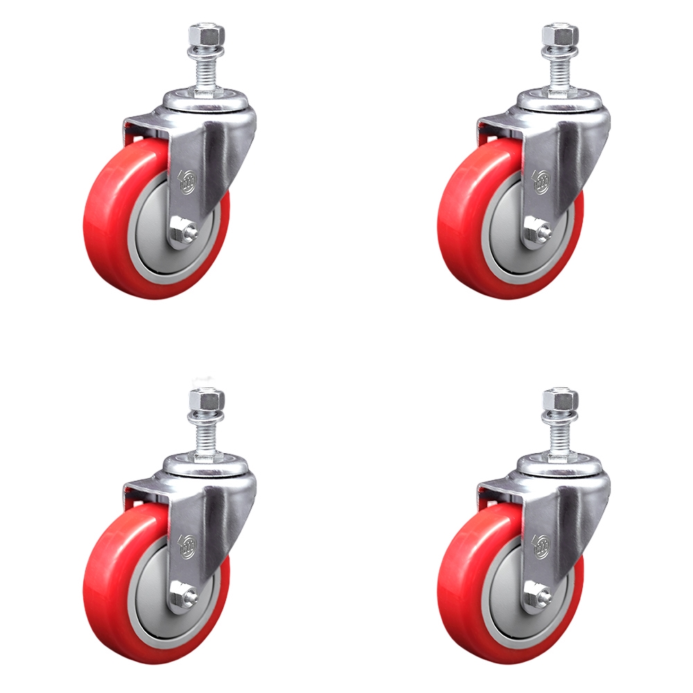 Stainless Steel Polyurethane Swivel Threaded Stem Caster Set of 4 w/4" x 1.25" Red Wheels and 1/2" Stems - Includes 4 Swivel - 1400 lbs Total Capacity - Service Caster Brand — photo 1