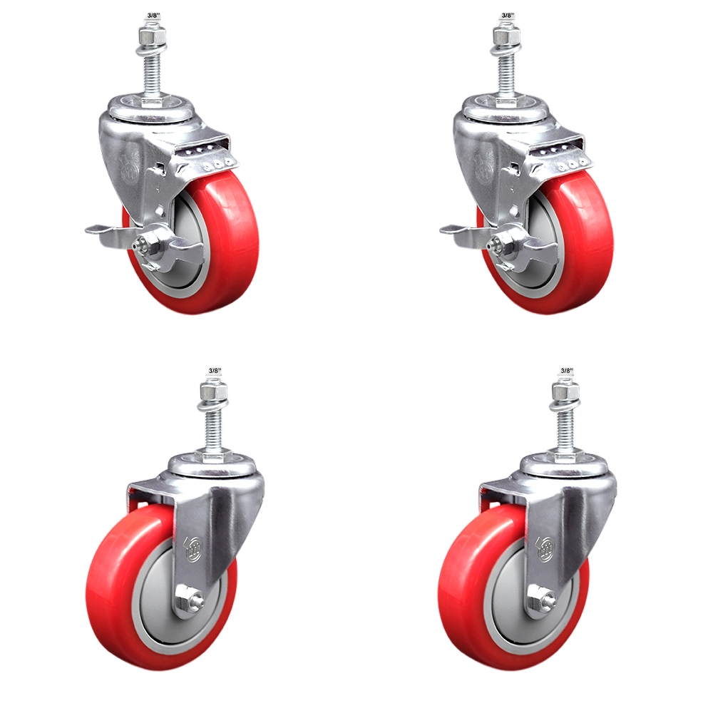 Stainless Steel Polyurethane Swivel Threaded Stem Caster Set of 4 w/4" x 1.25" Red Wheels and 3/8" Stems - Includes 2 with Top Locking Brake - 1400 lbs Total Capacity - Service Caster Brand — photo 1