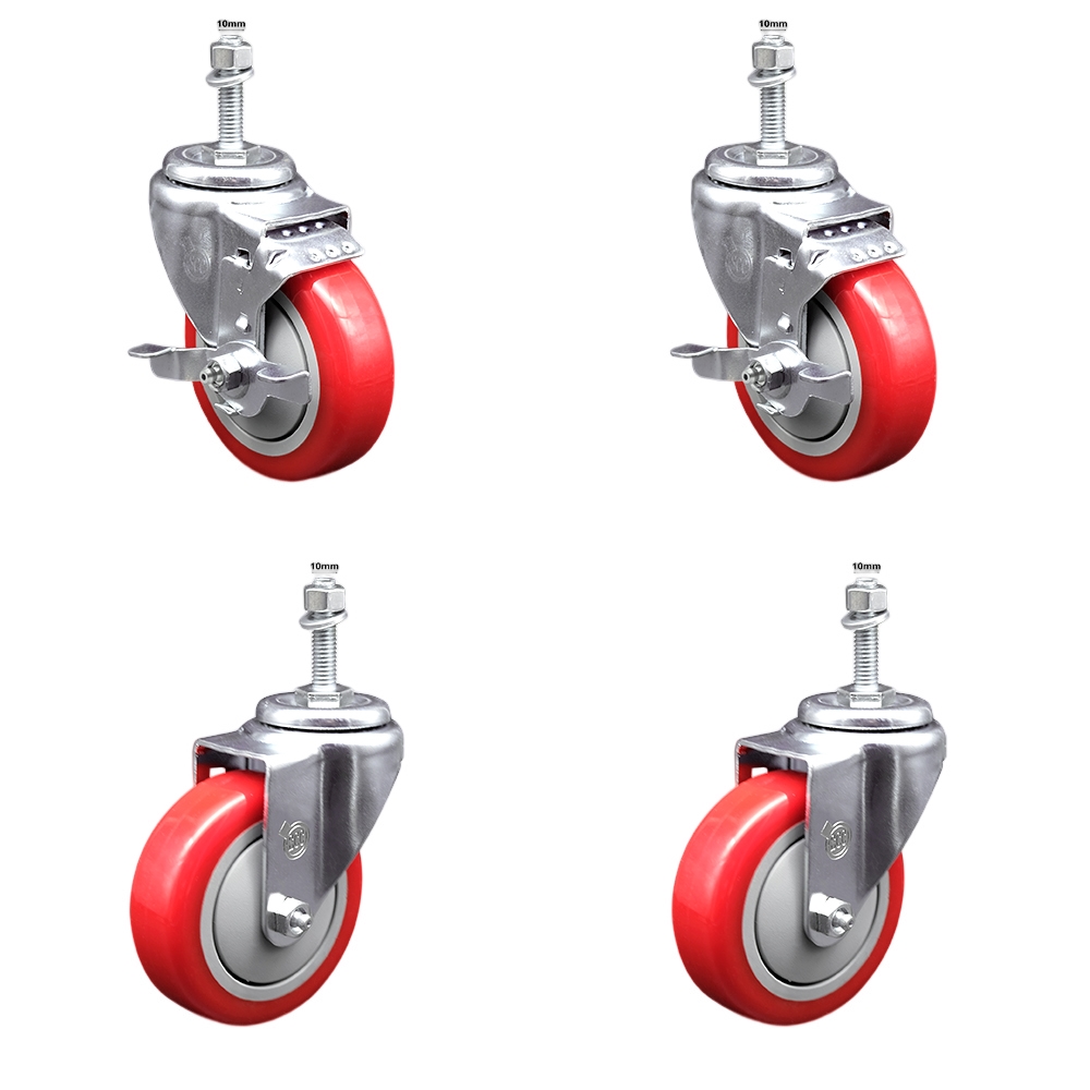 Stainless Steel Polyurethane Swivel Threaded Stem Caster Set of 4 w/4" x 1.25" Red Wheels and 10mm Stems - Includes 2 with Top Locking Brake - 1400 lbs Total Capacity - Service Caster Brand — photo 1