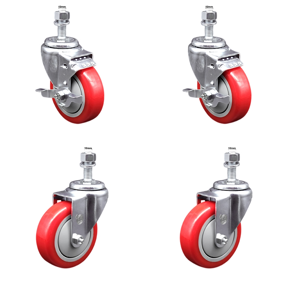 Stainless Steel Polyurethane Swivel Threaded Stem Caster Set of 4 w/4" x 1.25" Red Wheels and 12mm Stems - Includes 2 with Top Locking Brake - 1400 lbs Total Capacity - Service Caster Brand — photo 1