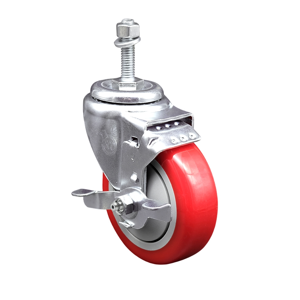 Stainless Steel Polyurethane Swivel Threaded Stem Caster w/4" x 1.25"  Red Wheel and 3/8" Stem & Top Locking Brake - 350 lbs Capacity/Caster - Service Caster Brand — photo 1