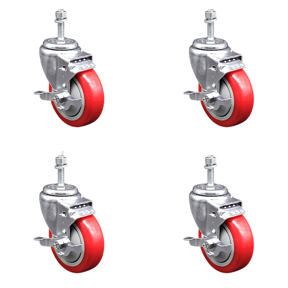 Stainless Steel Polyurethane Swivel Threaded Stem Caster Set of 4 w/4" x 1.25" Red Wheels and 10mm Stems - Includes 4 with Top Lock Brakes - 1400 lbs Total Capacity - Service Caster Brand — photo 1
