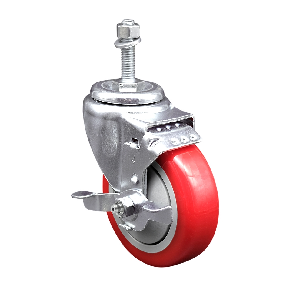 Stainless Steel Polyurethane Swivel Threaded Stem Caster w/4" x 1.25"  Red Wheel and 10mm Stem & Top Locking Brake - 350 lbs Capacity/Caster - Service Caster Brand — photo 1
