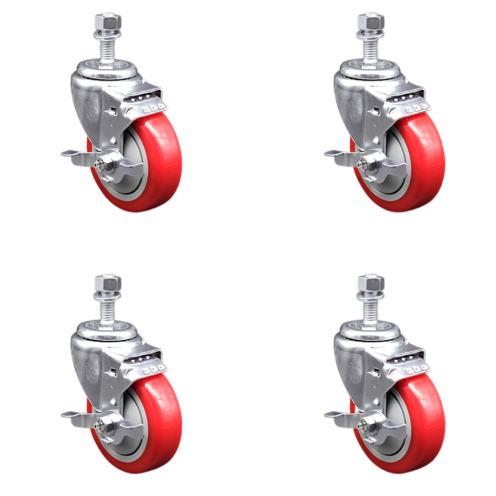Stainless Steel Polyurethane Swivel Threaded Stem Caster Set of 4 w/4" x 1.25" Red Wheels and 12mm Stems - Includes 4 with Top Lock Brakes - 1400 lbs Total Capacity - Service Caster Brand — photo 1