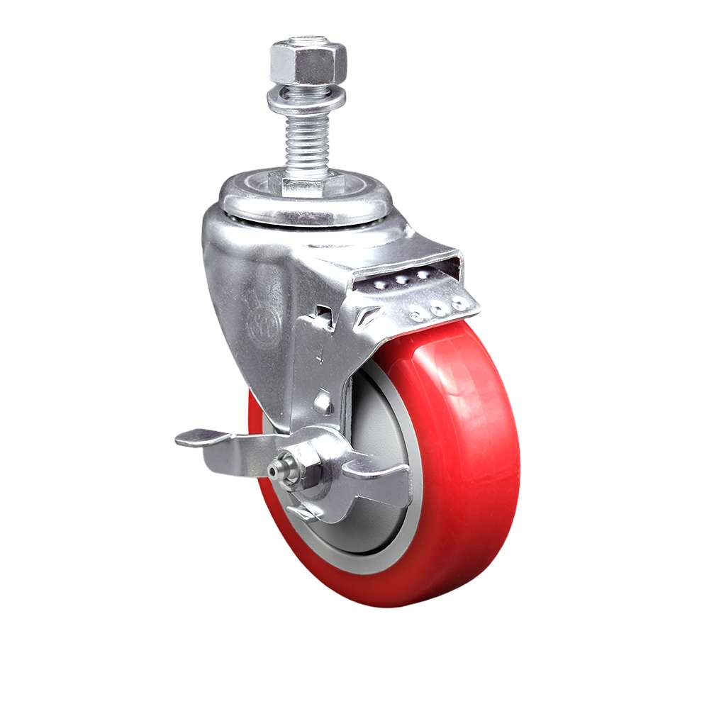 Stainless Steel Polyurethane Swivel Threaded Stem Caster w/4" x 1.25"  Red Wheel and 12mm Stem & Top Locking Brake - 350 lbs Capacity/Caster - Service Caster Brand — photo 1