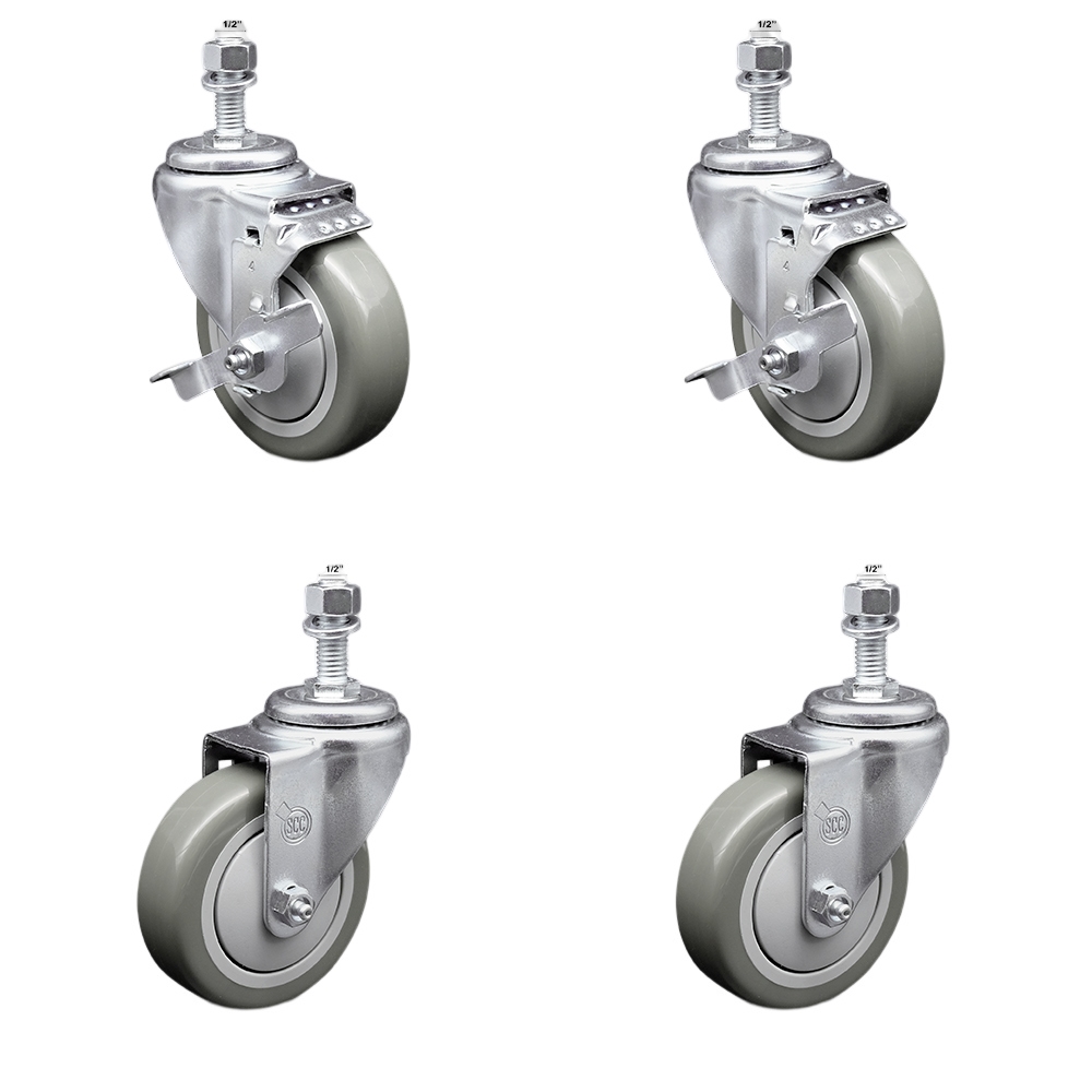Stainless Steel Polyurethane Swivel Threaded Stem Caster Set of 4 w/4" x 1.25" Orange Wheels and 1/2" Stems - Includes 2 with Top Locking Brake - 1400 lbs Total Capacity - Service Caster Brand — photo 1