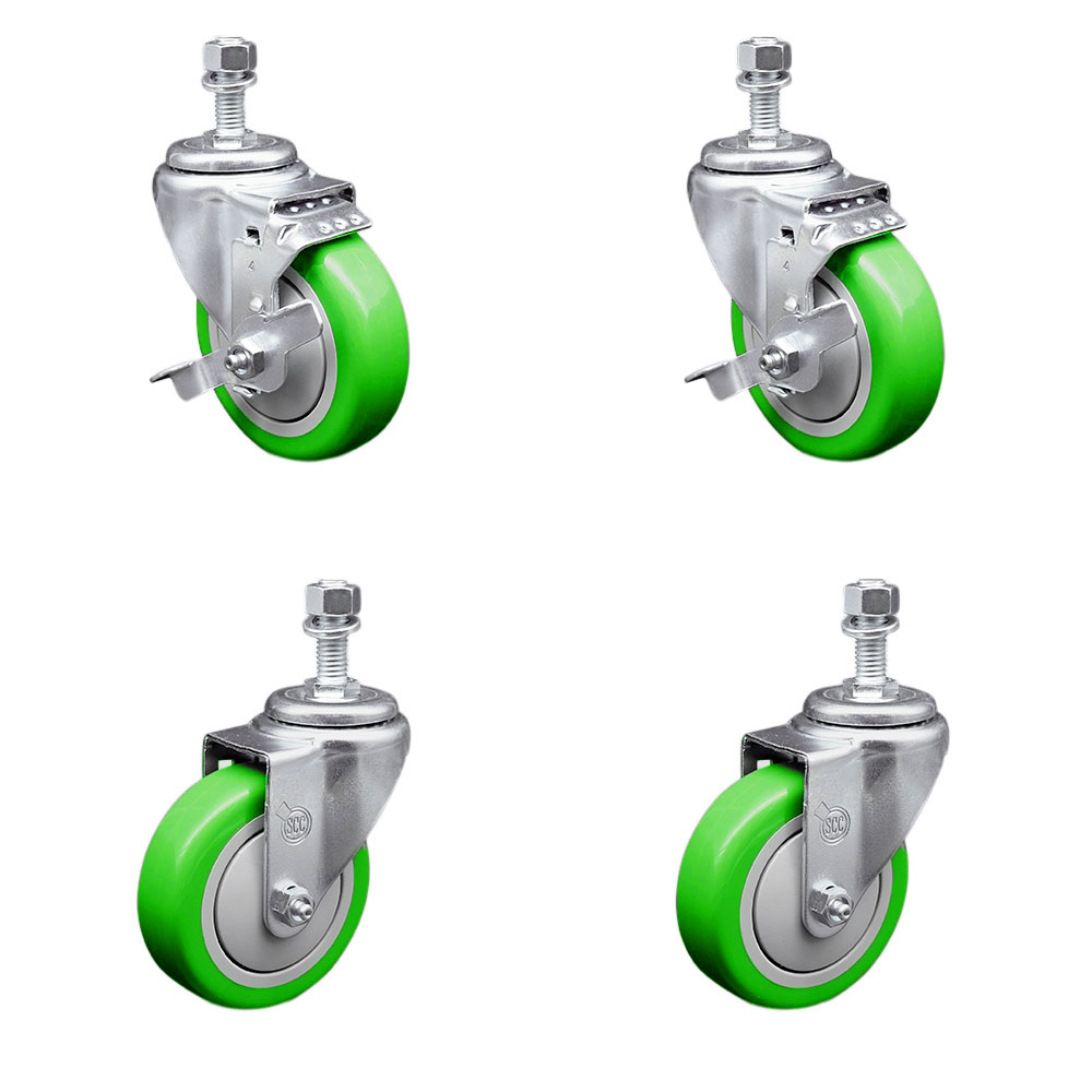 Stainless Steel Polyurethane Swivel Threaded Stem Caster Set of 4 w/4" x 1.25" Green Wheels and 1/2" Stems - Includes 2 with Top Locking Brake - 1400 lbs Total Capacity - Service Caster Brand — photo 1