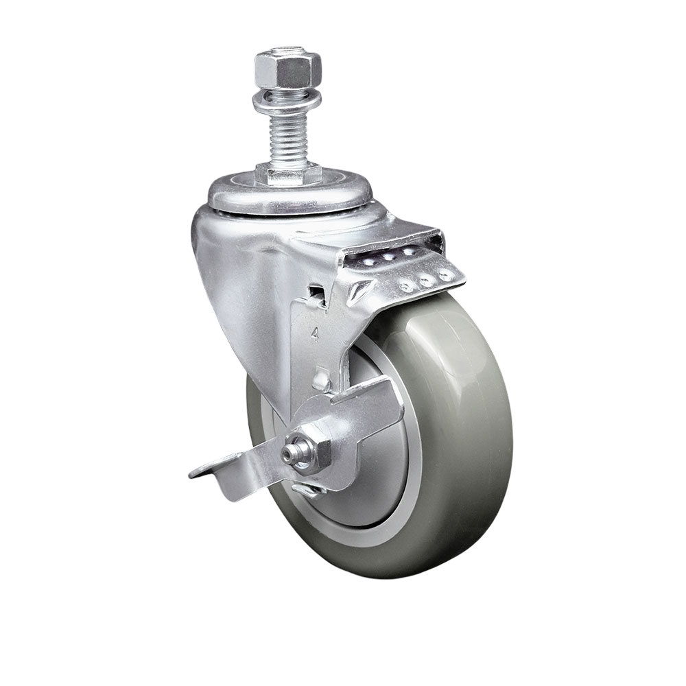 Stainless Steel Polyurethane Swivel Threaded Stem Caster w/4" x 1.25"  Gray Wheel and 1/2" Stem & Top Locking Brake - 350 lbs Capacity/Caster - Service Caster Brand — photo 1