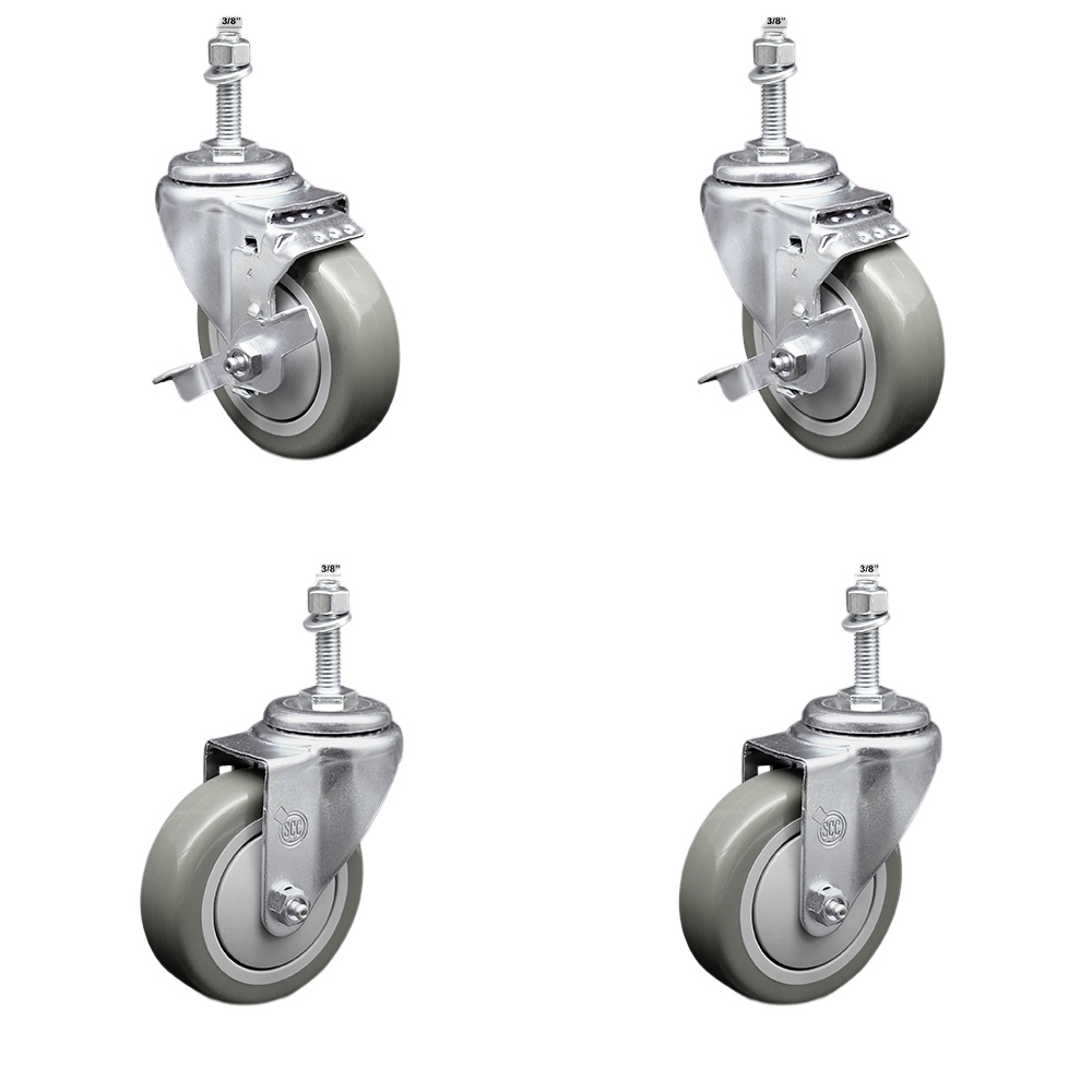 Stainless Steel Polyurethane Swivel Threaded Stem Caster Set of 4 w/4" x 1.25" Gray Wheels and 3/8" Stems - Includes 2 with Top Locking Brake - 1400 lbs Total Capacity - Service Caster Brand — photo 1