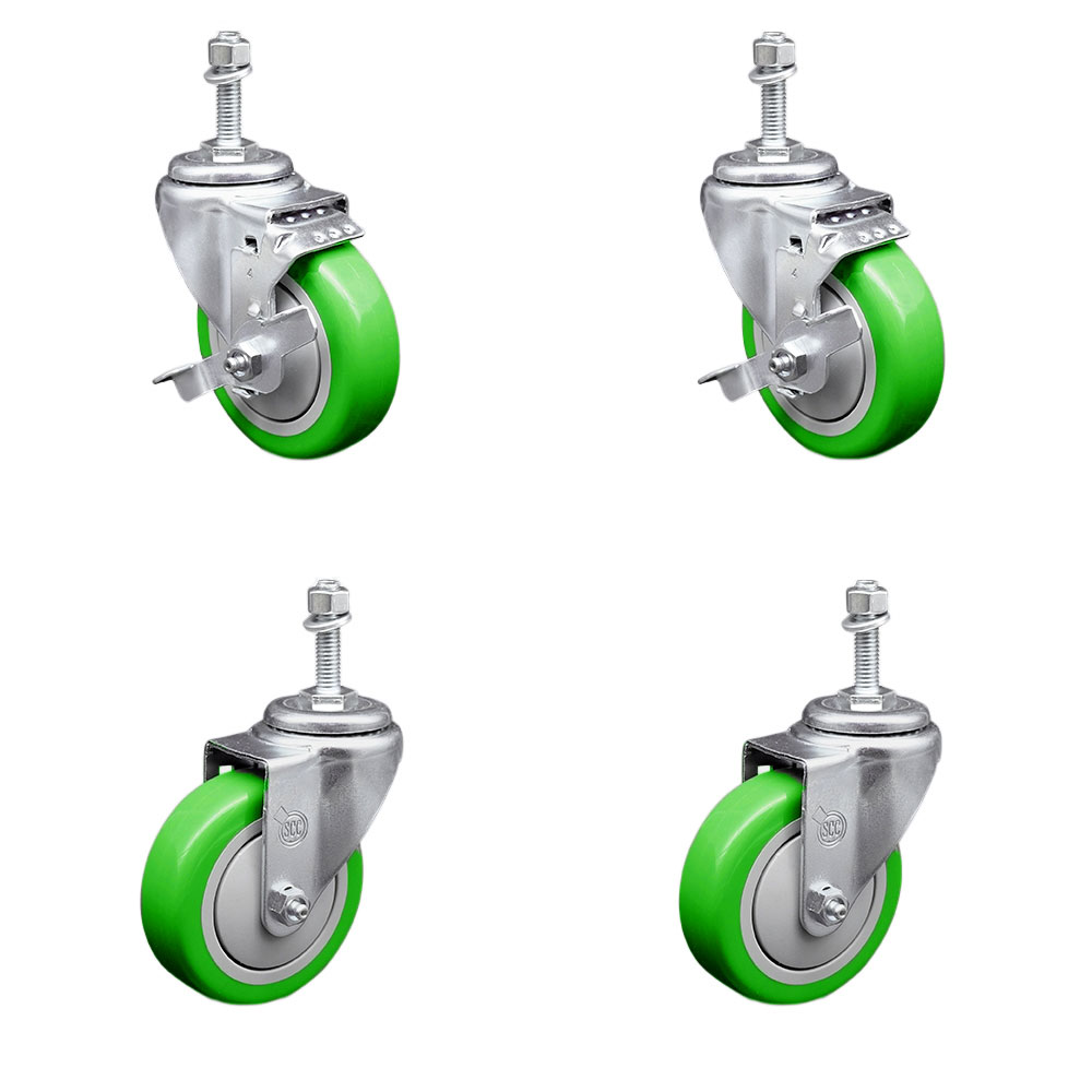 Stainless Steel Polyurethane Swivel Threaded Stem Caster Set of 4 w/4" x 1.25" Green Wheels and 3/8" Stems - Includes 2 with Top Locking Brake - 1400 lbs Total Capacity - Service Caster Brand — photo 1
