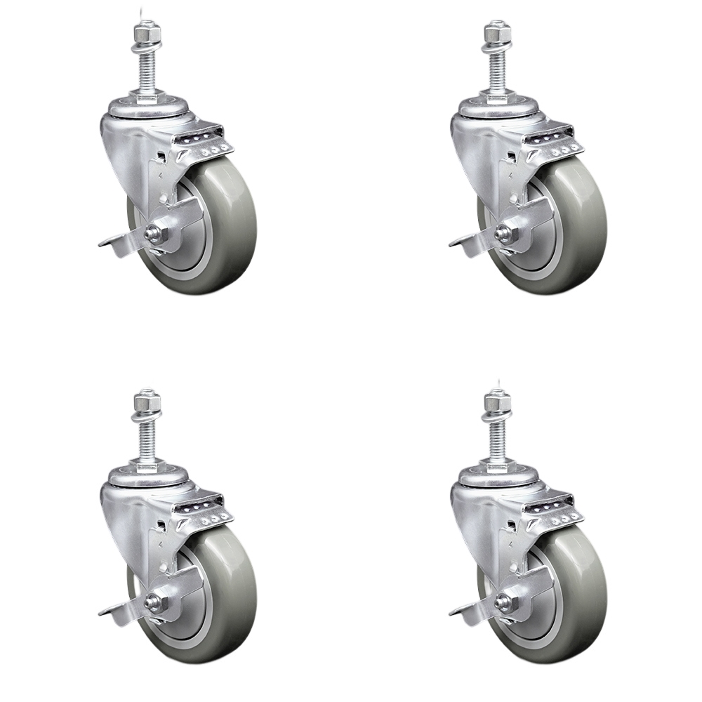 Stainless Steel Polyurethane Swivel Threaded Stem Caster Set of 4 w/4" x 1.25" Gray Wheels and 3/8" Stems - Includes 4 with Top Lock Brakes - 1400 lbs Total Capacity - Service Caster Brand — photo 1
