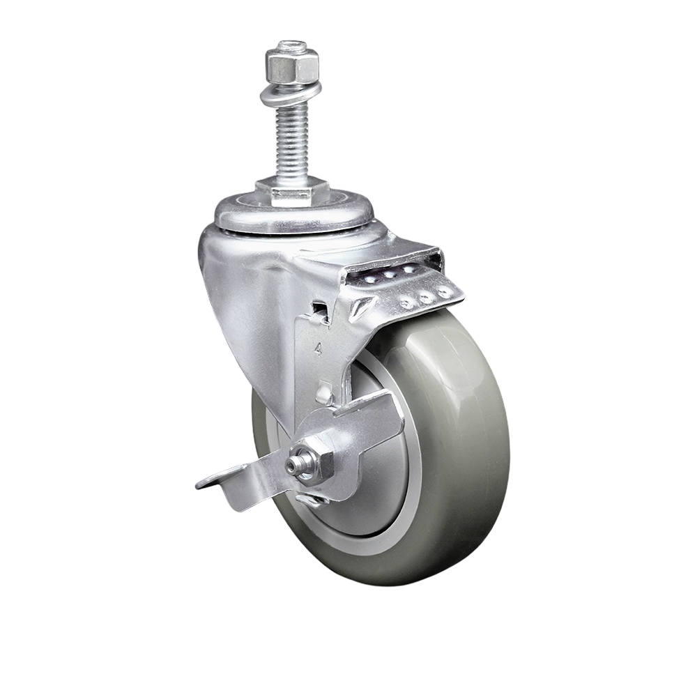 Stainless Steel Polyurethane Swivel Threaded Stem Caster w/4" x 1.25"  Gray Wheel and 3/8" Stem & Top Locking Brake - 350 lbs Capacity/Caster - Service Caster Brand — photo 1