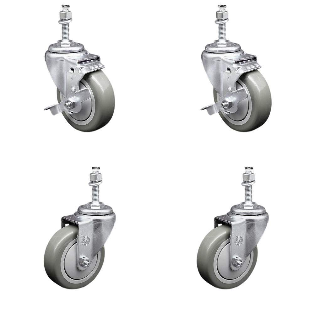 Stainless Steel Polyurethane Swivel Threaded Stem Caster Set of 4 w/4" x 1.25" Gray Wheels and 10mm Stems - Includes 2 with Top Locking Brake - 1400 lbs Total Capacity - Service Caster Brand — photo 1