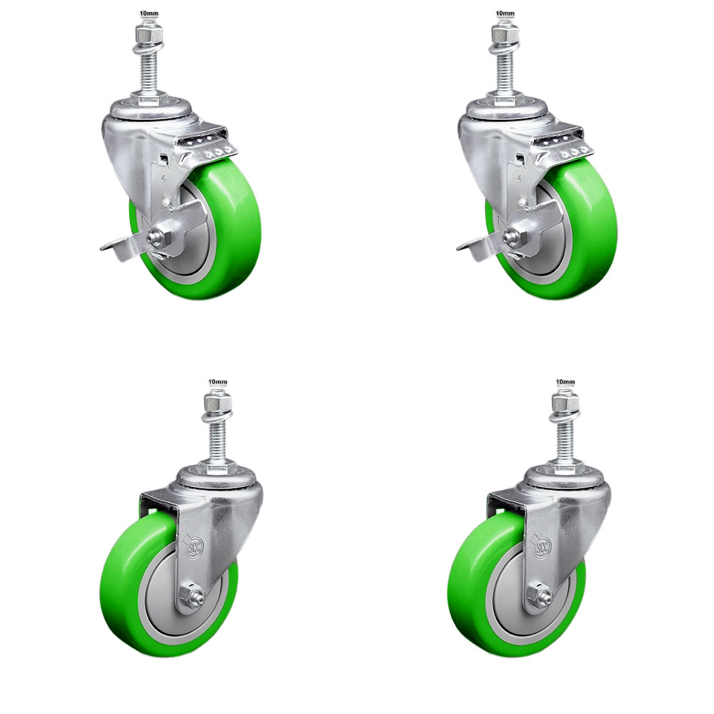 Stainless Steel Polyurethane Swivel Threaded Stem Caster Set of 4 w/4" x 1.25" Green Wheels and 10mm Stems - Includes 2 with Top Locking Brake - 1400 lbs Total Capacity - Service Caster Brand — photo 1