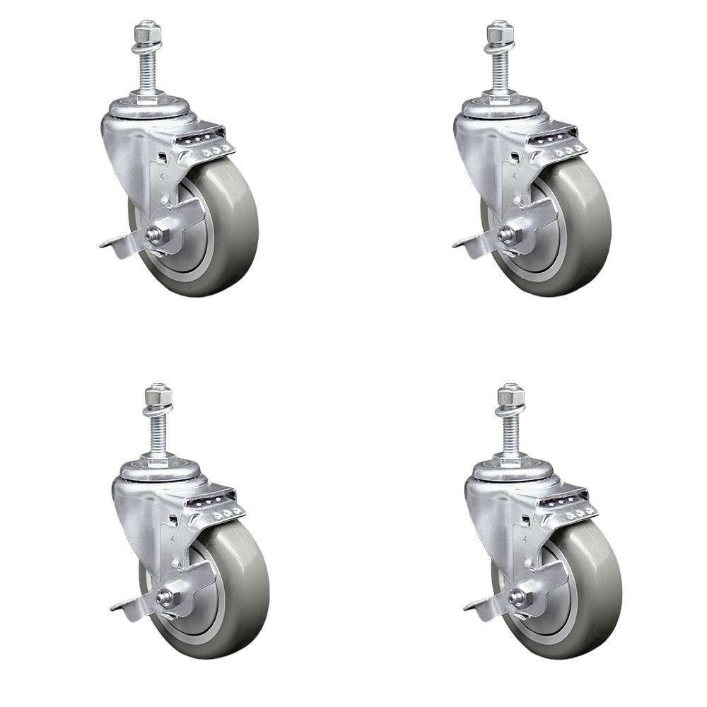 Stainless Steel Polyurethane Swivel Threaded Stem Caster Set of 4 w/4" x 1.25" Gray Wheels and 10mm Stems - Includes 4 with Top Lock Brakes - 1400 lbs Total Capacity - Service Caster Brand — photo 1