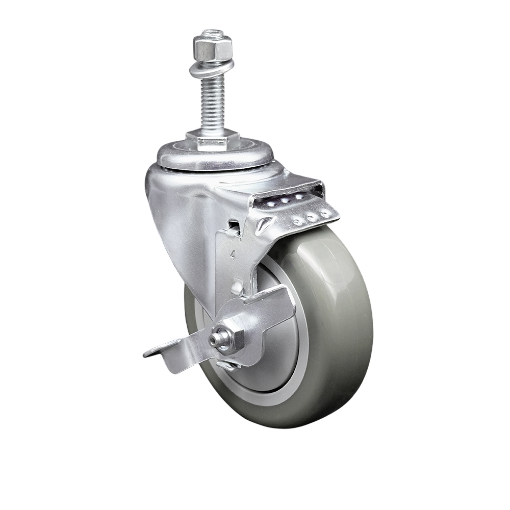 Stainless Steel Polyurethane Swivel Threaded Stem Caster w/4" x 1.25"  Gray Wheel and 10mm Stem & Top Locking Brake - 350 lbs Capacity/Caster - Service Caster Brand — photo 1