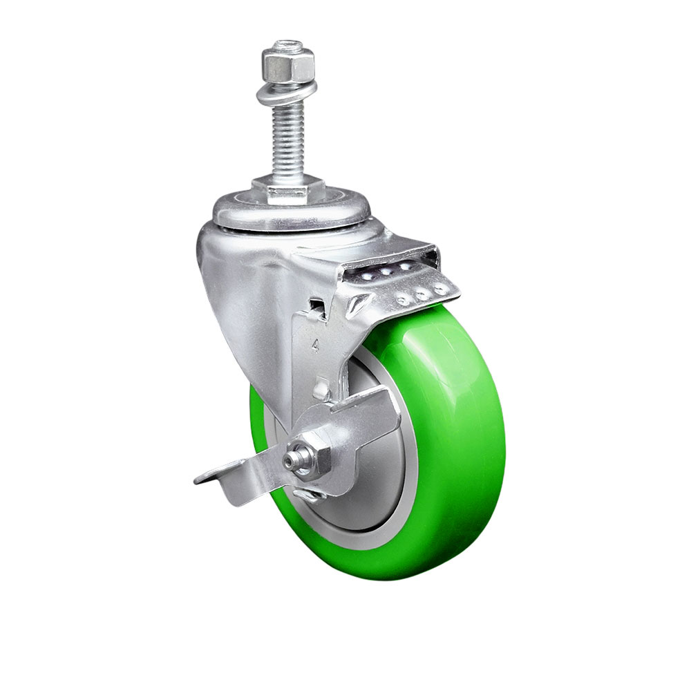 Stainless Steel Polyurethane Swivel Threaded Stem Caster w/4" x 1.25"  Green Wheel and 10mm Stem & Top Locking Brake - 350 lbs Capacity/Caster - Service Caster Brand — photo 1