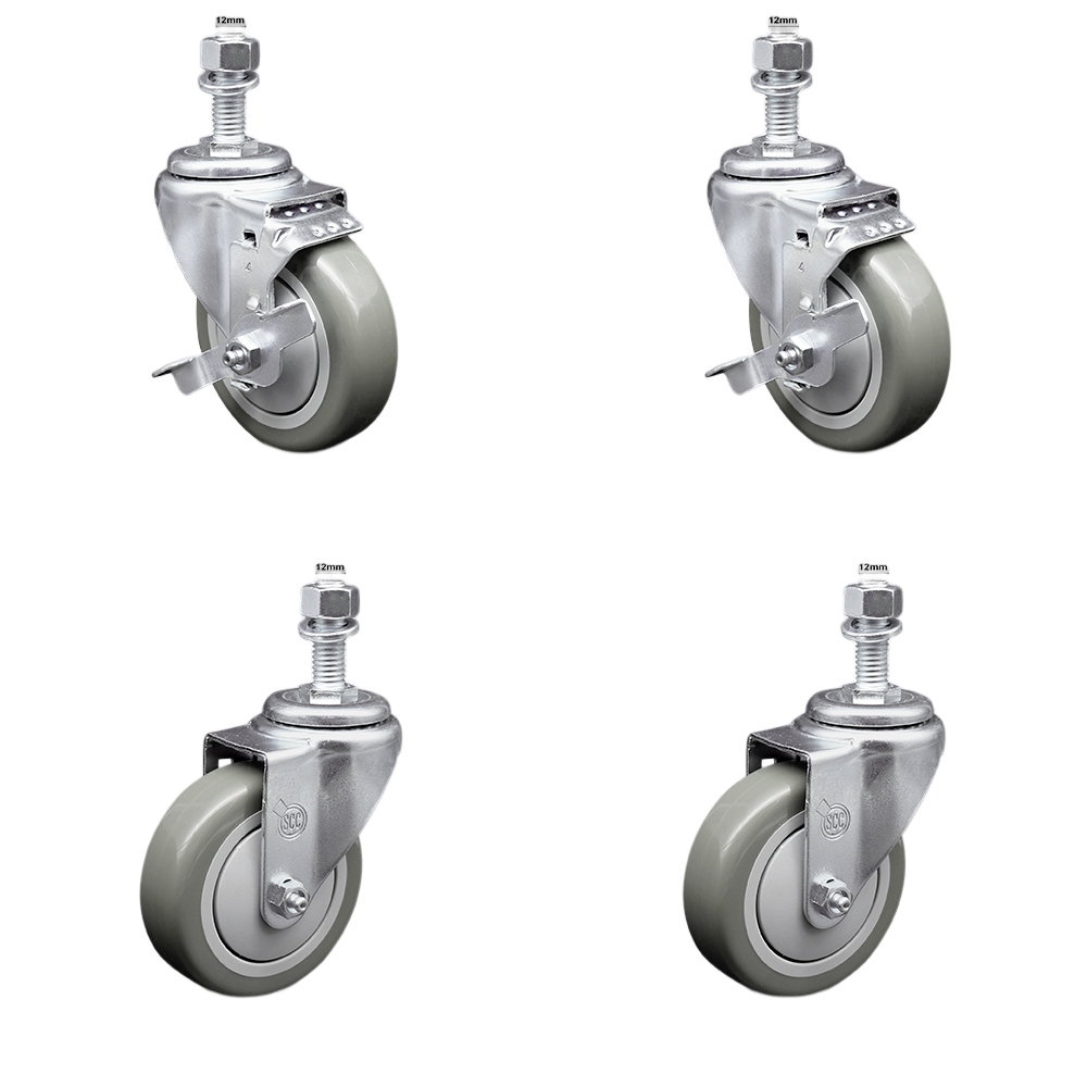 Stainless Steel Polyurethane Swivel Threaded Stem Caster Set of 4 w/4" x 1.25" Gray Wheels and 12mm Stems - Includes 2 with Top Locking Brake - 1400 lbs Total Capacity - Service Caster Brand — photo 1