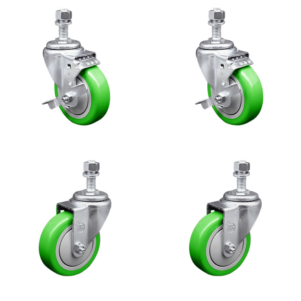Stainless Steel Polyurethane Swivel Threaded Stem Caster Set of 4 w/4" x 1.25" Green Wheels and 12mm Stems - Includes 2 with Top Locking Brake - 1400 lbs Total Capacity - Service Caster Brand — photo 1