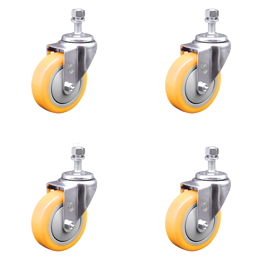 Stainless Steel Polyurethane Swivel Threaded Stem Caster Set of 4 w/4" x 1.25" Yellow Wheels and 1/2" Stems - Includes 4 Swivel - 1400 lbs Total Capacity - Service Caster Brand — photo 1