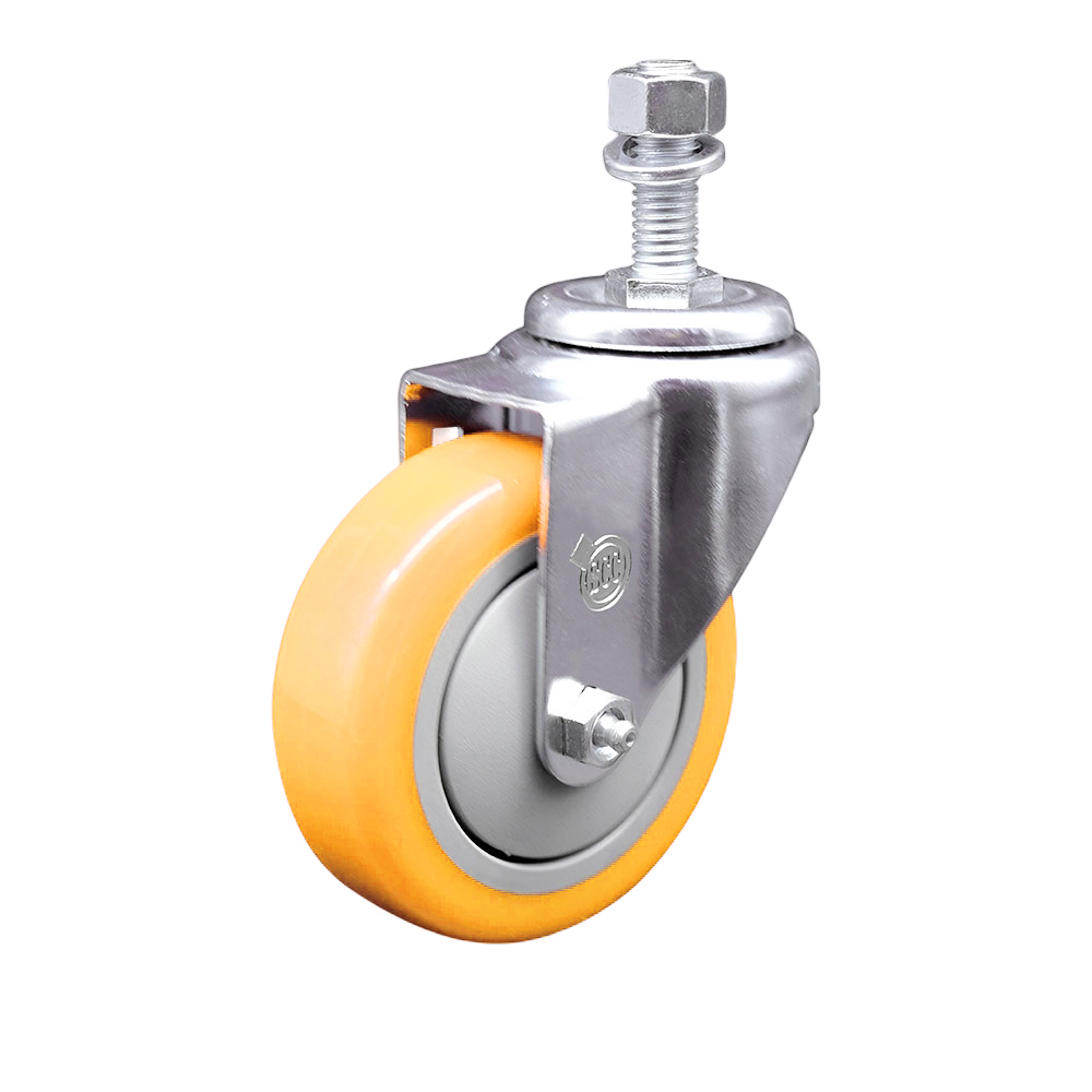 Stainless Steel Polyurethane Swivel Threaded Stem Caster w/4" x 1.25"  Yellow Wheel and 12mm Stem - 350 lbs Capacity/Caster - Service Caster Brand — photo 1