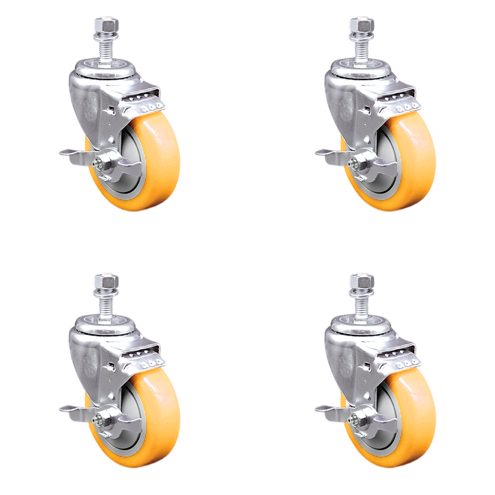 Stainless Steel Polyurethane Swivel Threaded Stem Caster Set of 4 w/4" x 1.25" Yellow Wheels and 1/2" Stems - Includes 4 with Top Lock Brakes - 1400 lbs Total Capacity - Service Caster Brand — photo 1