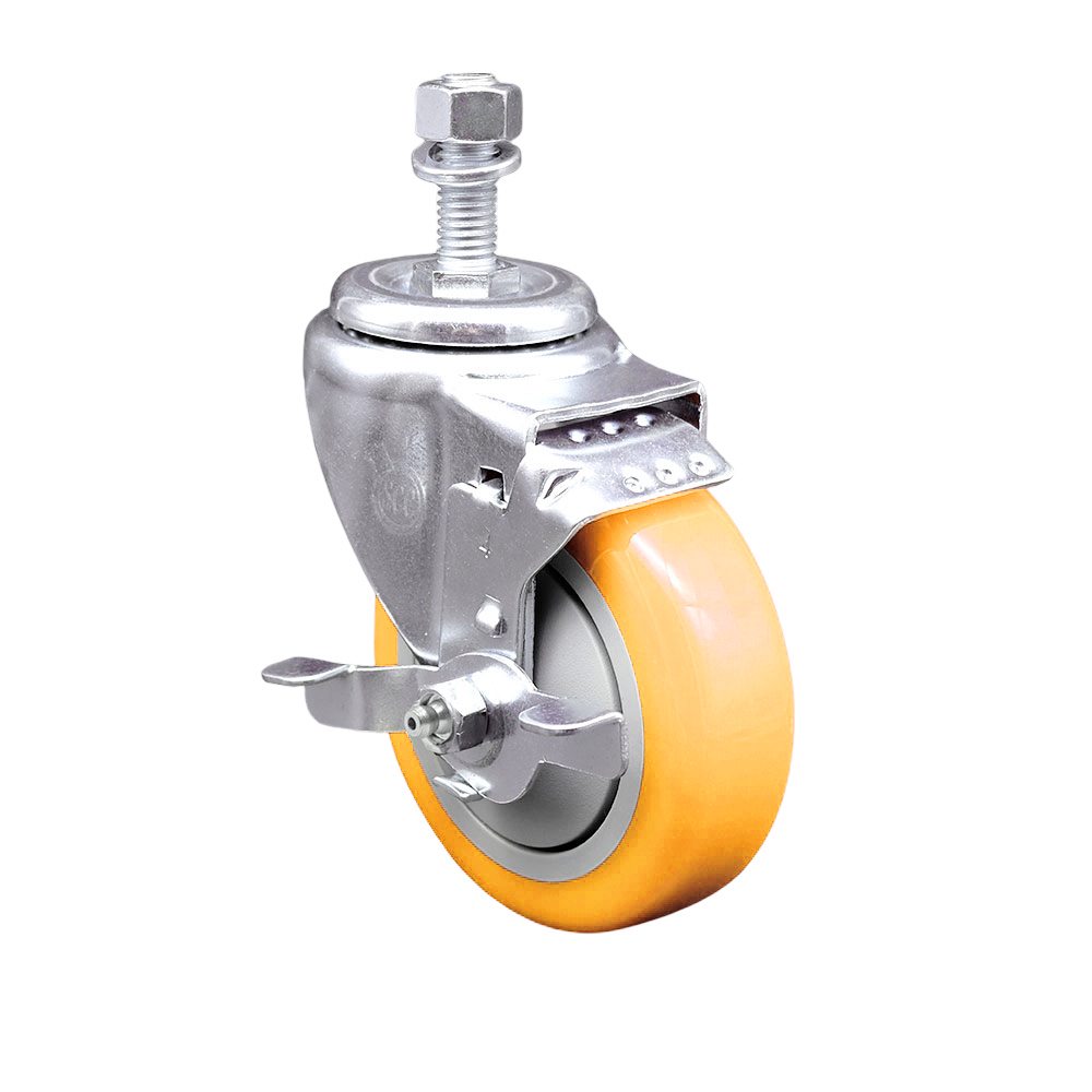 Stainless Steel Polyurethane Swivel Threaded Stem Caster w/4" x 1.25"  Yellow Wheel and 1/2" Stem & Top Locking Brake - 350 lbs Capacity/Caster - Service Caster Brand — photo 1