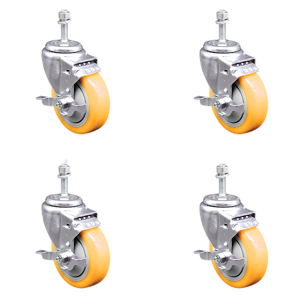 Stainless Steel Polyurethane Swivel Threaded Stem Caster Set of 4 w/4" x 1.25" Yellow Wheels and 10mm Stems - Includes 4 with Top Lock Brakes - 1400 lbs Total Capacity - Service Caster Brand — photo 1