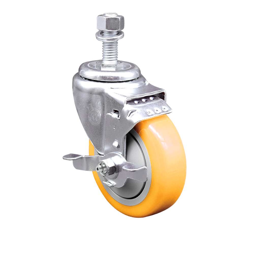 Stainless Steel Polyurethane Swivel Threaded Stem Caster w/4" x 1.25"  Yellow Wheel and 12mm Stem & Top Locking Brake - 350 lbs Capacity/Caster - Service Caster Brand — photo 1