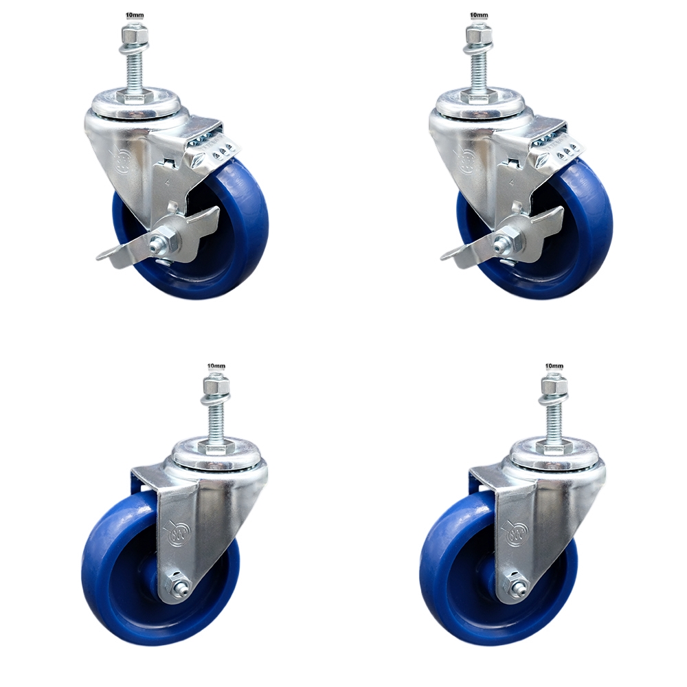 Stainless Steel Solid Polyurethane Swivel Threaded Stem Caster Set 4 w/4" x 1.25" Blue Wheels and 10MM Metric Stems - Includes 2 with Top Locking Brake - 1200 lbs Total Capacity - Service Caster Brand — photo 1