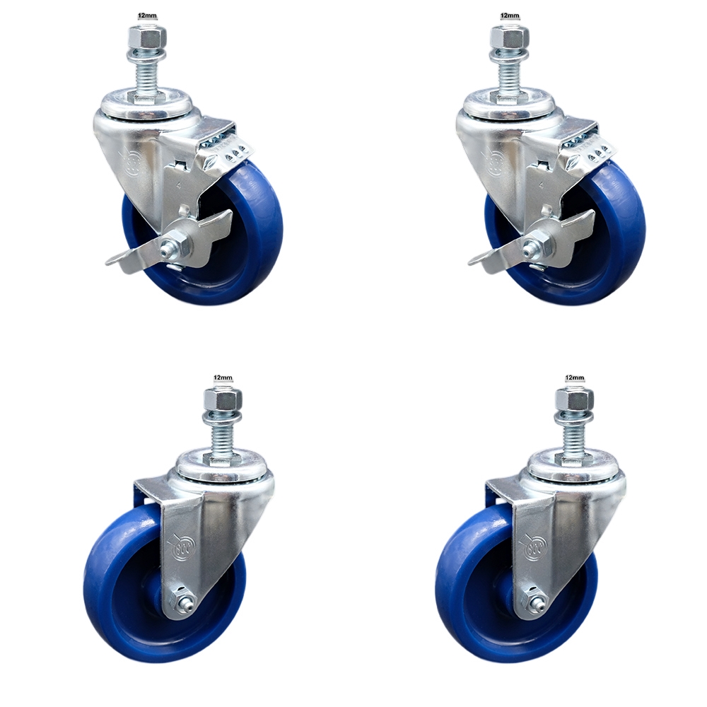 Stainless Steel Solid Polyurethane Swivel Threaded Stem Caster Set 4 w/4" x 1.25" Blue Wheels and 12MM Metric Stems - Includes 2 with Top Locking Brake - 1200 lbs Total Capacity - Service Caster Brand — photo 1