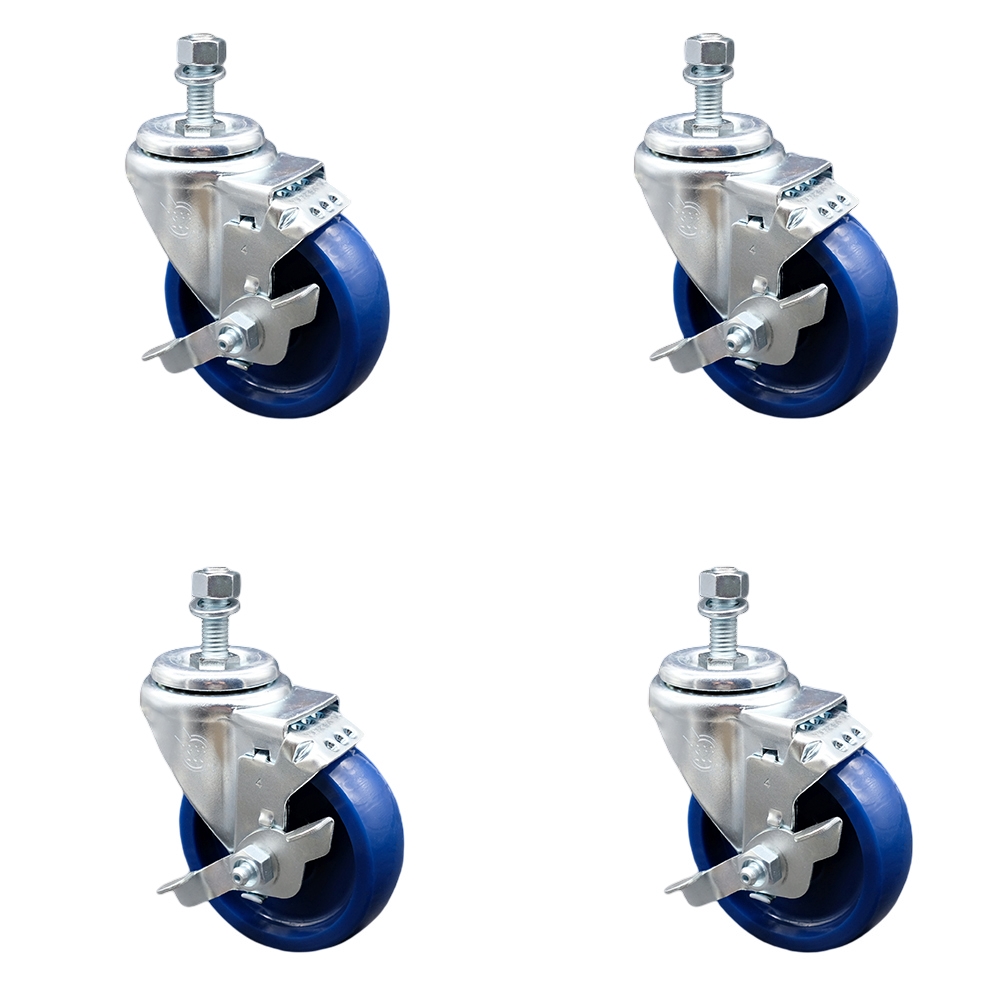 Stainless Steel Solid Polyurethane Swivel Threaded Stem Caster Set of 4 w/4" x 1.25" Blue Wheels and 3/8" Stems - Includes 4 with Top Lock Brakes - 1200 lbs Total Capacity - Service Caster Brand — photo 1