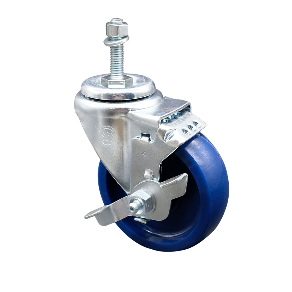Stainless Steel Solid Polyurethane Swivel Threaded Stem Caster w/4" x 1.25" Blue Wheel and 3/8" Stem & Top Locking Brake - 300 lbs Capacity/Caster - Service Caster Brand — photo 1