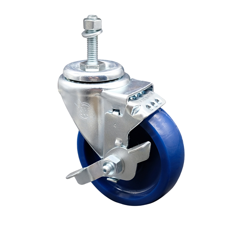 Stainless Steel Solid Polyurethane Swivel Threaded Stem Caster w/4" x 1.25" Blue Wheel and 10MM Metric Stem & Top Locking Brake - 300 lbs Capacity/Caster - Service Caster Brand — photo 1