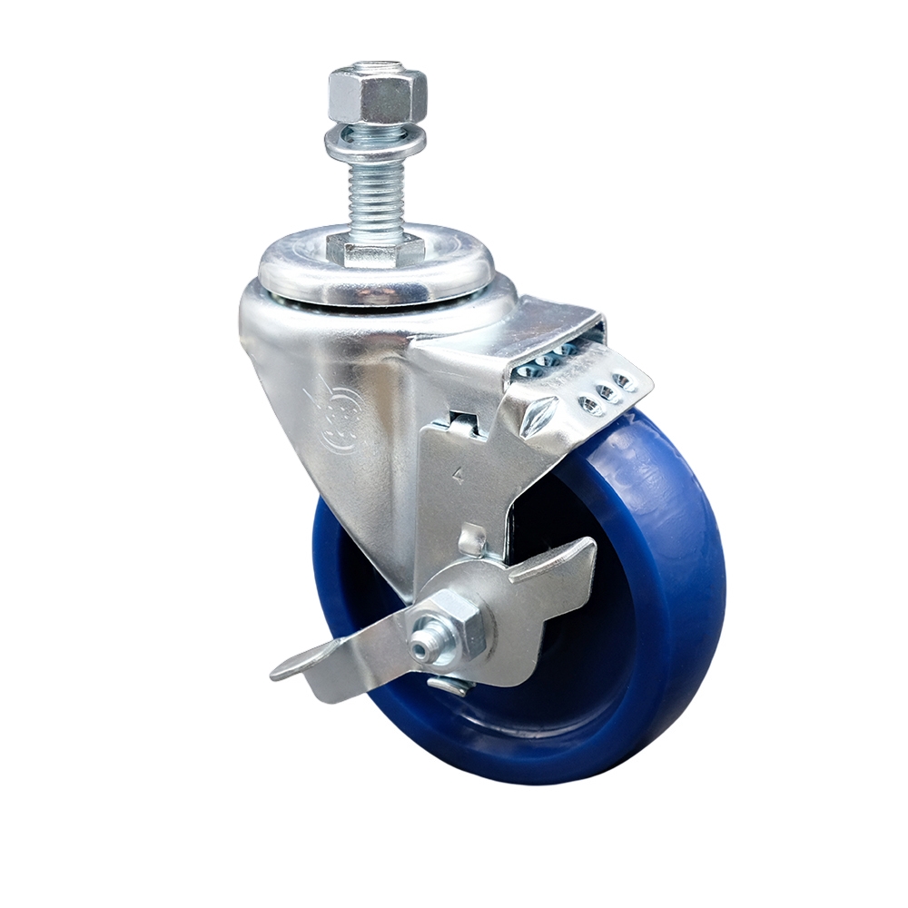 Stainless Steel Solid Polyurethane Swivel Threaded Stem Caster w/4" x 1.25" Blue Wheel and 12MM Metric Stem & Top Locking Brake - 300 lbs Capacity/Caster - Service Caster Brand — photo 1