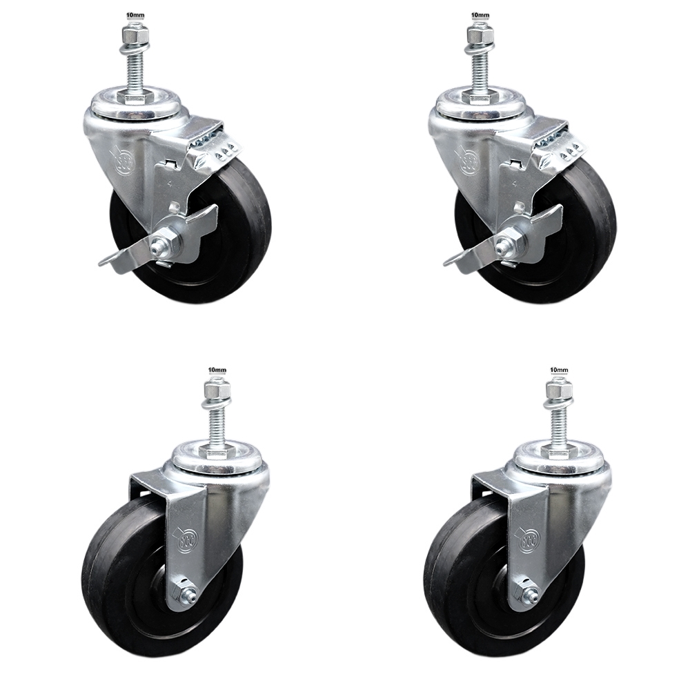 Stainless Steel Soft Rubber Swivel Threaded Stem Caster Set 4 w/4" x 1.25" Black Wheels and 10MM Metric Stems - Includes 2 with Top Locking Brake - 800 lbs Total Capacity - Service Caster Brand — photo 1