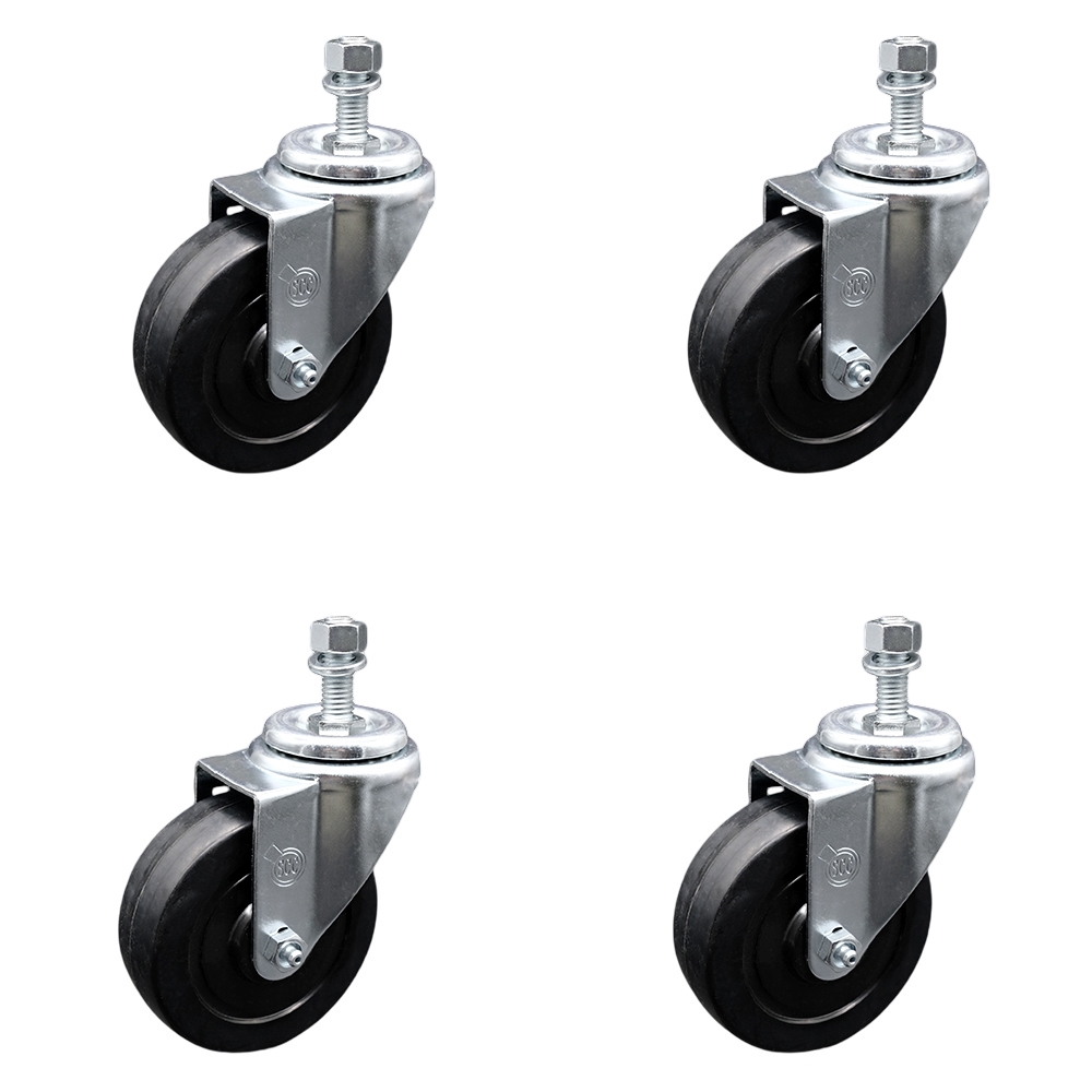 Stainless Steel Soft Rubber Swivel Threaded Stem Caster Set of 4 w/4" x 1.25" Black Wheels and 12mm Stems - Includes 4 Swivel - 800 lbs Total Capacity - Service Caster Brand — photo 1