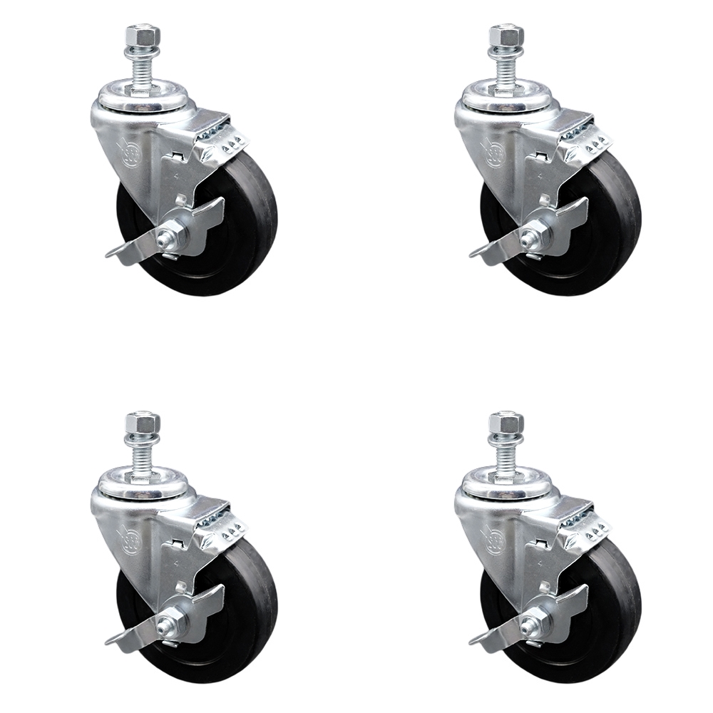 Stainless Steel Soft Rubber Swivel Threaded Stem Caster Set of 4 w/4" x 1.25" Black Wheels and 3/8" Stems - Includes 4 with Top Lock Brakes - 800 lbs Total Capacity - Service Caster Brand — photo 1