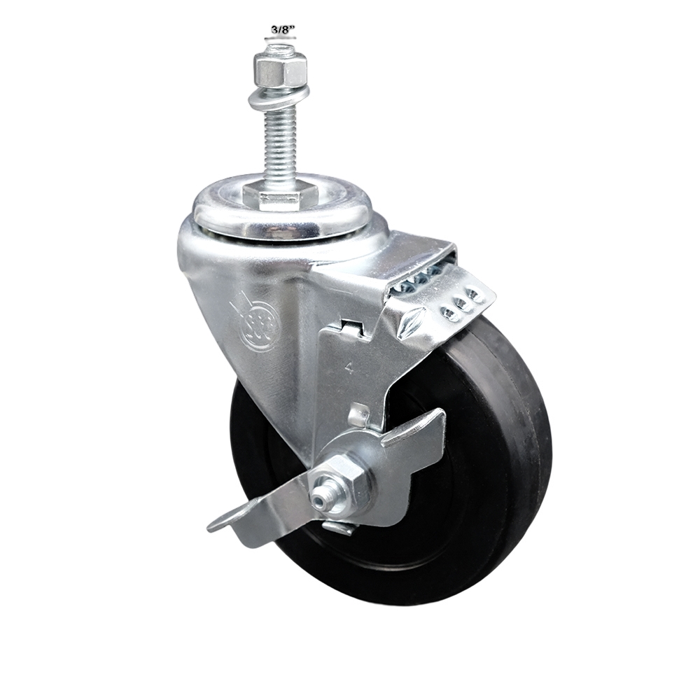 Stainless Steel Soft Rubber Swivel Threaded Stem Caster w/4" x 1.25" Black Wheel and 3/8" Stem & Top Locking Brake - 200 lbs Capacity/Caster - Service Caster Brand — photo 1